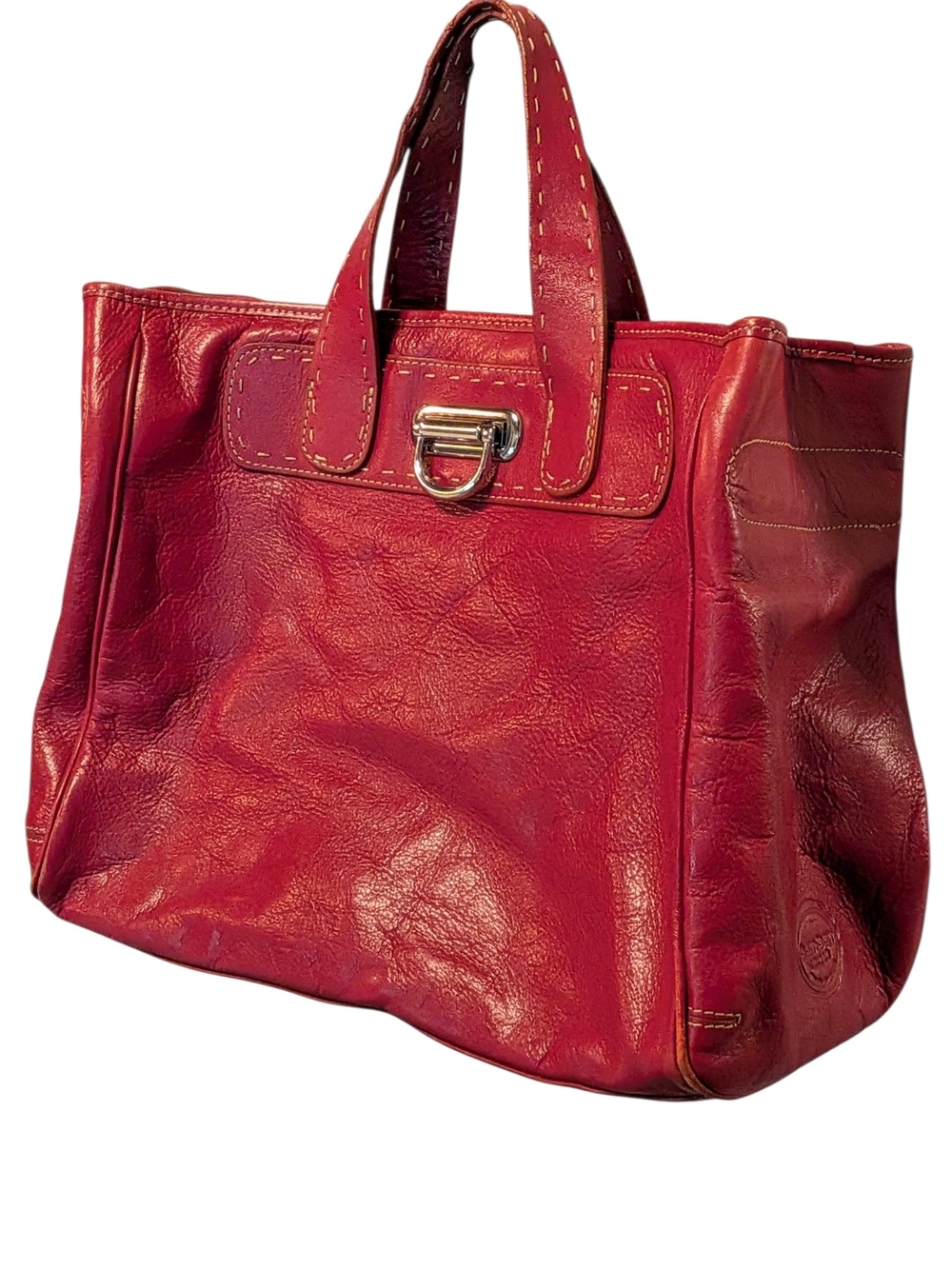 Red Leather Tote with Top Handles